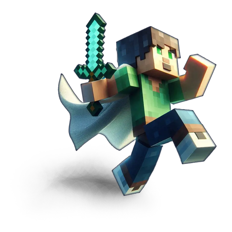 Pixel-style Minecraft character with diamond sword